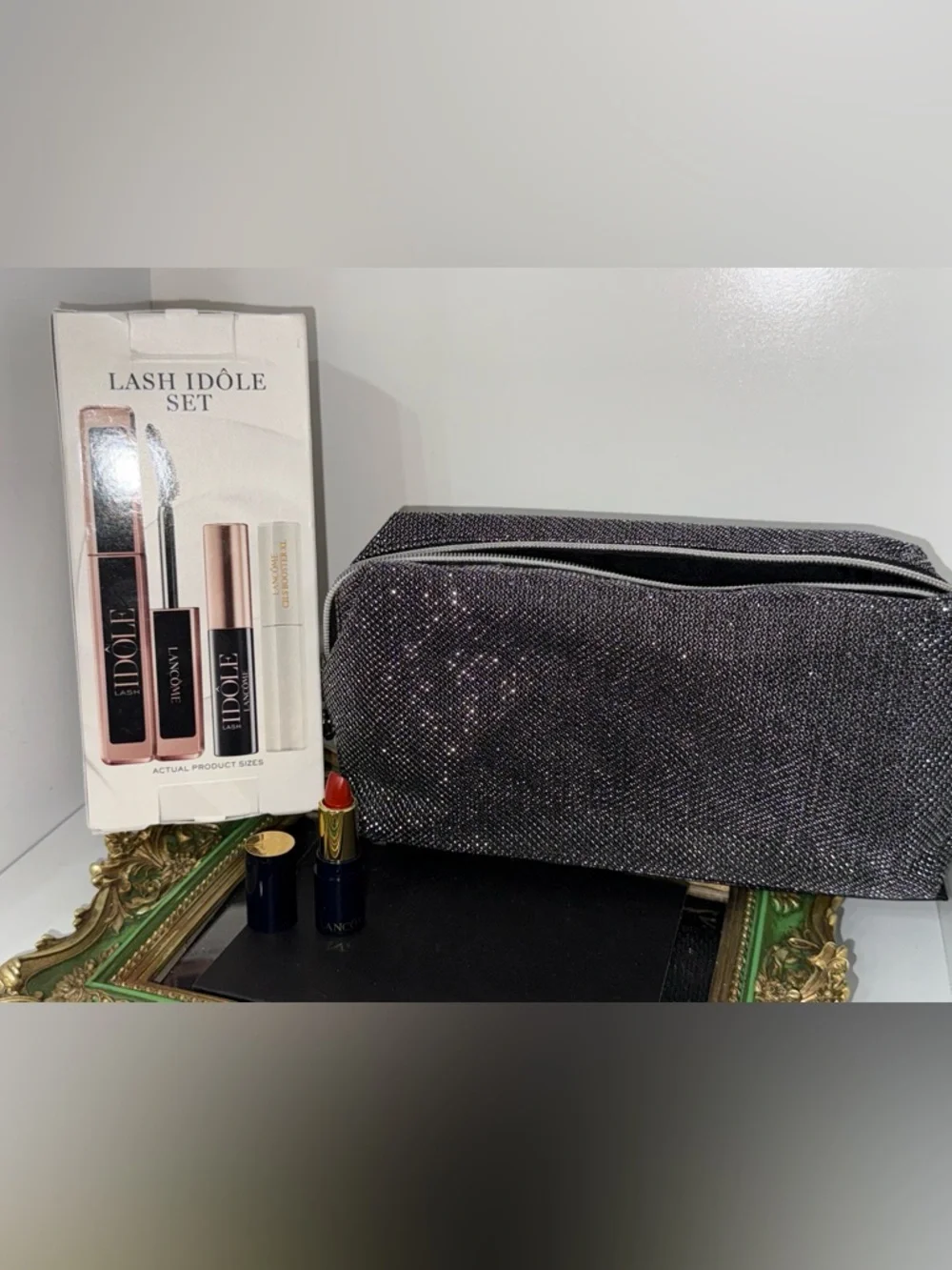 Lancome Lash Idole Set with glitter bag and lipstick mini